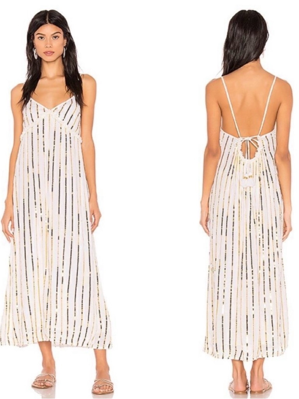 Sundress Madeline White Dress with Gold Sequin Striped Accents and Open Tie Back